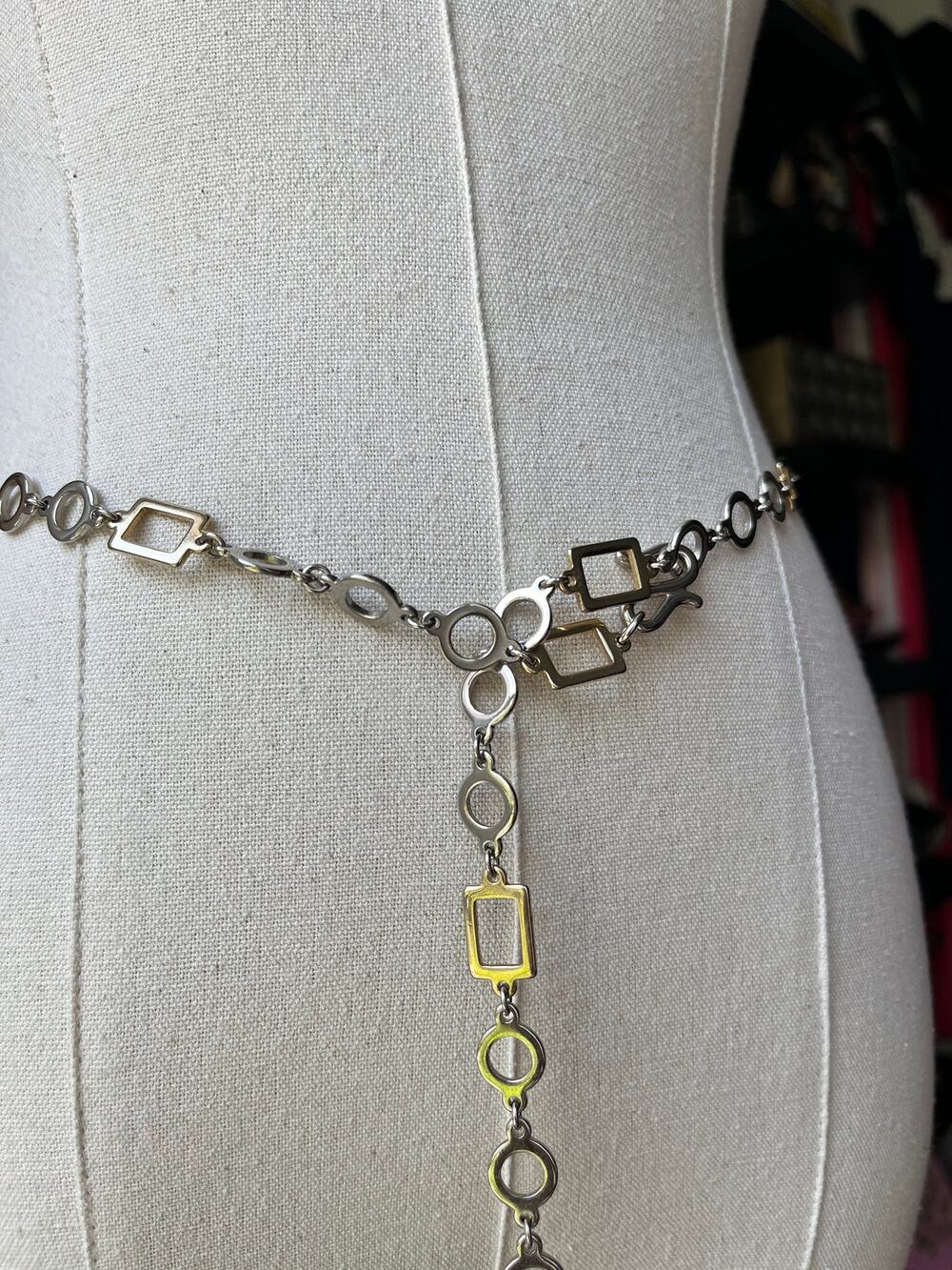 Vintage 80s Chain Belt | Mixed Metal Geometric Waist Belt | Gold Silver Chain